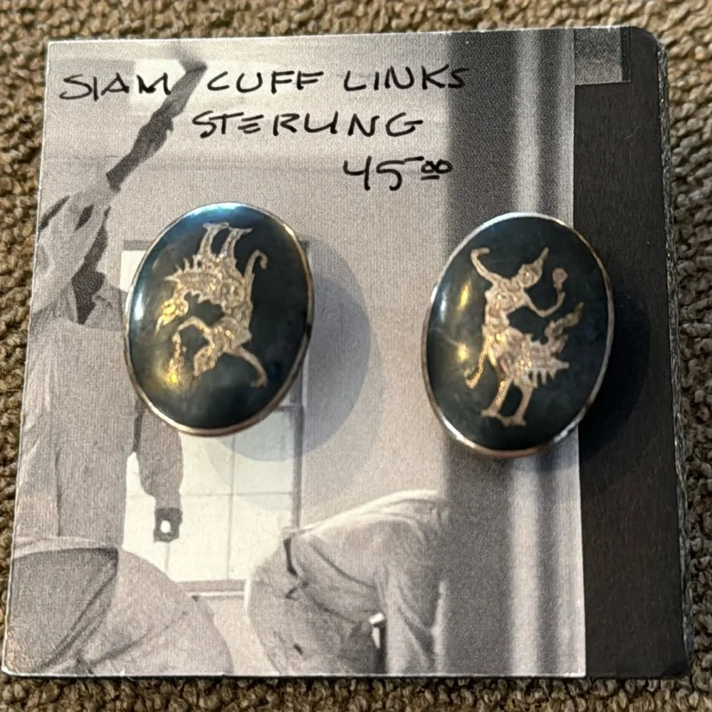 sterling silver mens vintage siam nielloware mekkala goddess cufflinks (TD)